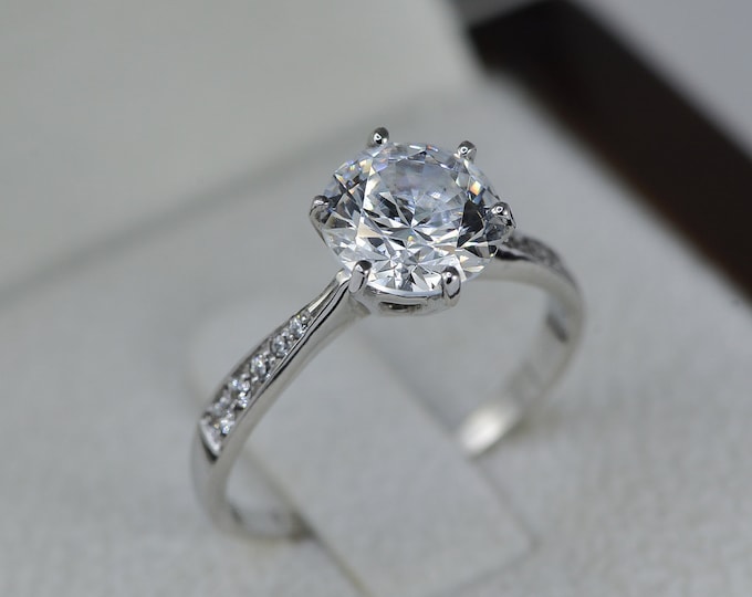 18K White Gold Ring, 6 Prongs Round Diamond Engagement Ring, 0.70 CT H/SI1 Bridal Wedding Ring, Women's Jewelry
