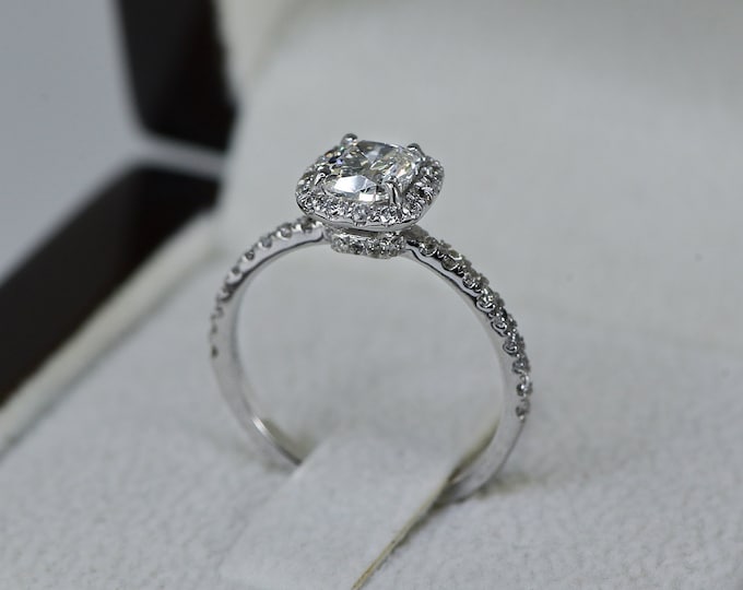 Halo F/SI1 Cushion Cut Diamond Engagement Ring, 1.25 CT 14K White Gold, Natural Bridal Ring