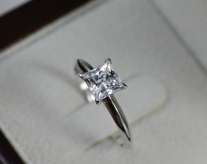 Solitaire Engagement Ring, 14K White Gold Enhanced Natural Wedding Ring, Princess Diamond Engagement Ring, 0.60 CT D/SI1