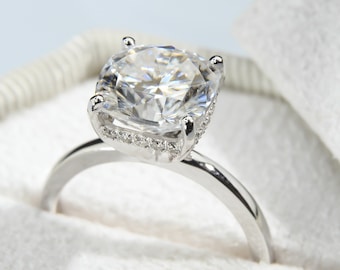 Cushion Cut Diamond Ring with Hidden Halo, 2 CT, Lab Grown Diamond Engagement Ring, Solid Gold Ring, Geometric Engagement Ring