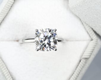 Cushion Cut Diamond Ring with Hidden Halo, 2.50 CT, Lab Grown Diamond Engagement Ring, Solid Gold Ring, Geometric Engagement Ring
