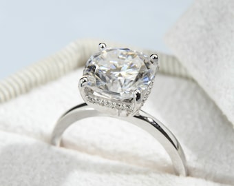 Cushion Cut Diamond Ring with Hidden Halo, 1.50 CT, Lab Grown Diamond Engagement Ring, Solid Gold Ring, Geometric Engagement Ring