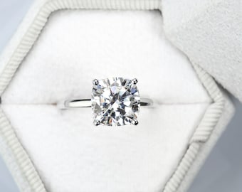Cushion Cut Diamond Ring with Hidden Halo, 3.50 CT, Lab Grown Diamond Engagement Ring, Solid Gold Ring, Geometric Engagement Ring