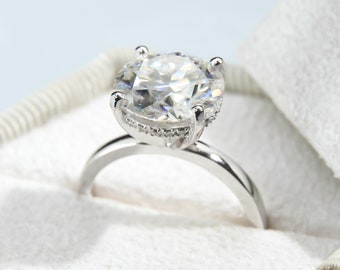 Round Hidden Halo Engagement Ring, 4 CT, Lab Grown Diamond Engagement Ring, 14K Solid Gold Ring, Dainty Engagement Ring