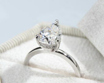 Pear Diamond Ring with Hidden Halo, 4 CT, Lab Grown Diamond Engagement Ring, 14k Solid Gold Ring, Dainty Engagement Ring, Big Diamond Ring