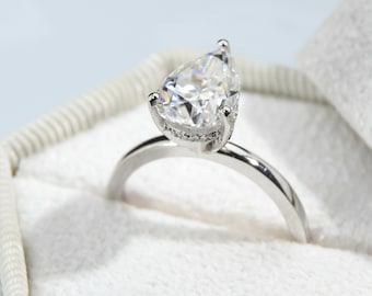 Pear Diamond Ring with Hidden Halo, 3 CT, Lab Grown Diamond Engagement Ring, 14k Solid Gold Ring, Dainty Engagement Ring