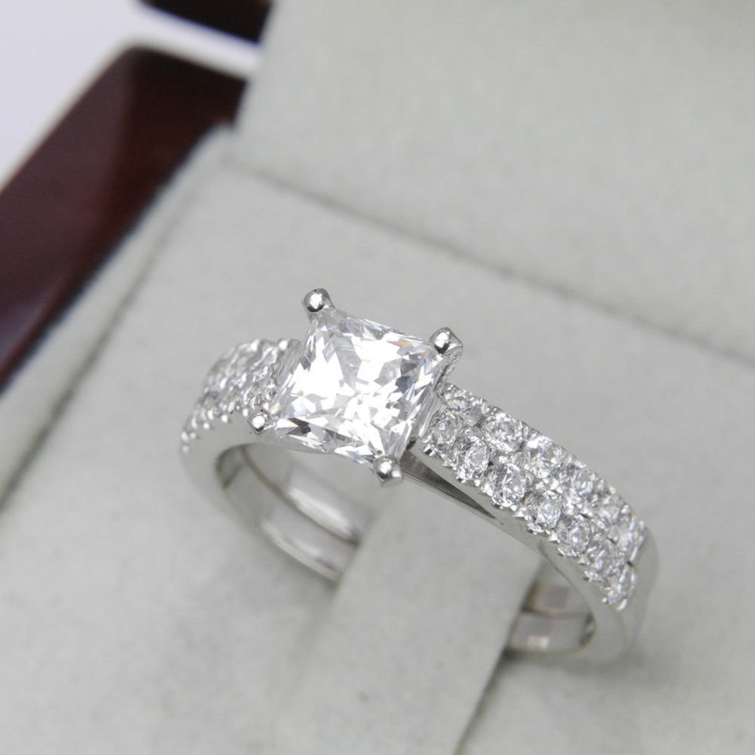 Princess Cut Diamond Engagement Ring Set 14K White Gold Classic 1.90 CT ...