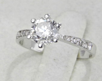 Anel de noivado com diamante redondo real de 1,55 quilates, ouro branco 14K aprimorado D/SI1, anel de 6 pontas, anel de noiva de casamento