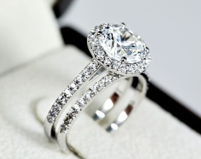 3 1/4 CT D-F/VVS1 Amazing Moissanite Diamond Engagement Ring Set Round Cut 14K White Gold