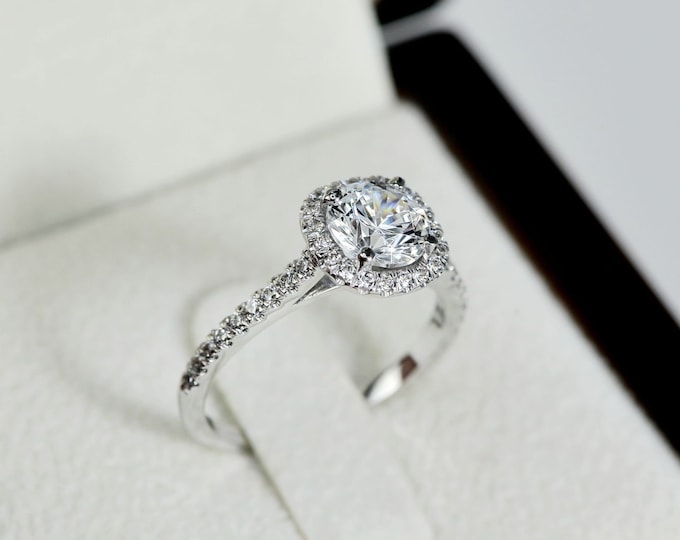 Lab Grown Diamond Engagement Ring, Lab Created Diamond Ring, Square Halo Engagement Ring, 1.50 ct Round Cut ring, 14k Solid Gold Ring