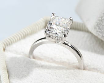 Emerald Cut Hidden Halo Ring, Lab Grown Diamond Engagement Ring, 14K Solid Gold Ring, Geometric Engagement Ring, Dainty Diamond Ring