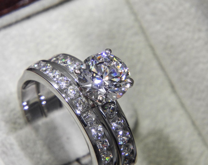 Round Cut Diamond Engagement Ring Set 14K White Gold Elegant 2.45 CT D/SI1
