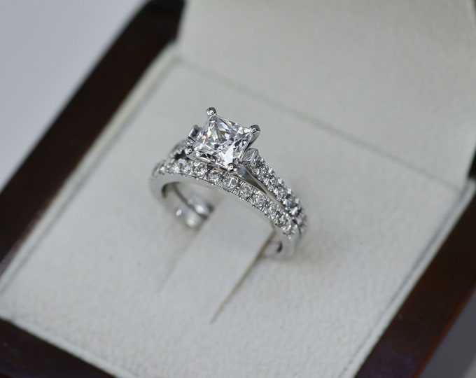 2.40 CT F/VS1 Classic Princess Cut Diamond Engagement Ring Set 14K White Gold