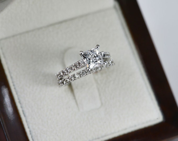 2 CT F/VS1 Women's Diamond Engagement Ring Set Princess Cut 14K White Gold