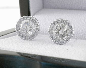 1 3/4 CT Round Cut Halo Diamond Stud Earrings H/SI1 14K White Gold, Women's Earrings