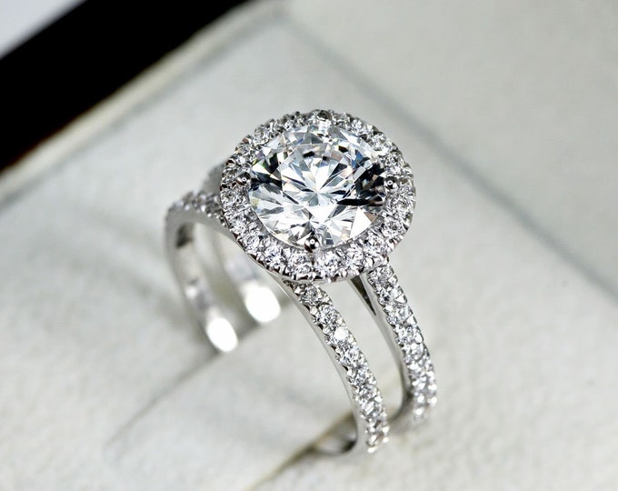 Halo Engagement Ring Set, Unique Bridal Ring Set, Wedding Ring Set, 2 ct Lab Grown Diamond Engagement Ring, 14k Solid Gold Ring