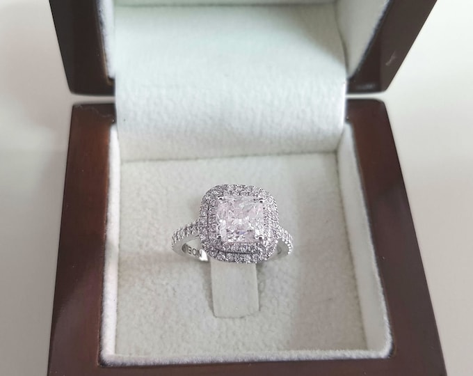 Two and a Half Carat, Cushion Diamond, Diamond Engagement Ring, Double Halo Ring, Solid Gold Ring, White Gold Ring, Bridal Ring