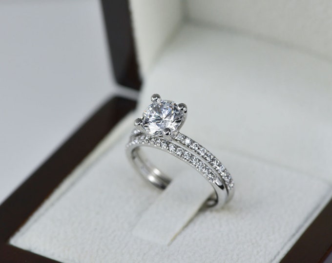 Round Cut Diamond Engagement Ring Set 14K White Gold Wedding 0.75 CT H/VS1