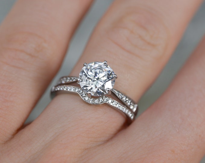 1 Carat Diamond, Engagement Ring, Bridal Set, Round Diamond, Solid White Gold, Elegant Design, Ring with Accents, White Diamond