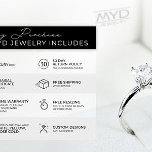 K&ouml;nnte beinhalten: Ein Verlobungsring aus Wei&szlig;gold mit einem gro&szlig;en, klaren Diamanten. Der Ring befindet sich in einer wei&szlig;en Schachtel mit dem Schriftzug "MYD JEWELRY" auf der Oberseite. Das Bild zeigt au&szlig;erdem eine Liste von Vorteilen, die beim Kauf von Schmuck bei MYD JEWELRY gew&auml;hrt werden, darunter eine Luxusbox, ein Gutachten, kostenloser Versand, eine lebenslange Garantie, kostenlose Gr&ouml;&szlig;enanpassung und individuelle Designs.