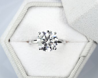 Round Hidden Halo Engagement Ring, 5 CT, Lab Grown Diamond Engagement Ring, 14K Solid Gold Ring, Dainty Engagement Ring