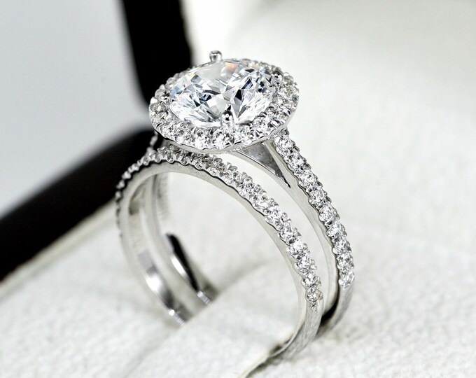Halo Engagement Ring Set, Unique Bridal Ring Set, Wedding Ring Set, 1.50 ct Lab Grown Diamond Engagement Ring, 14k Solid Gold Ring