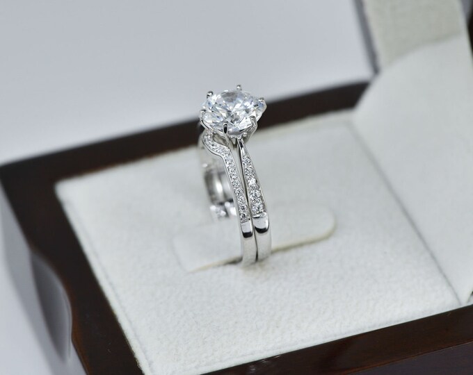1 2/3 CT F/SI1 Shiny Diamond Engagement Ring Set Round Cut 14K White Gold