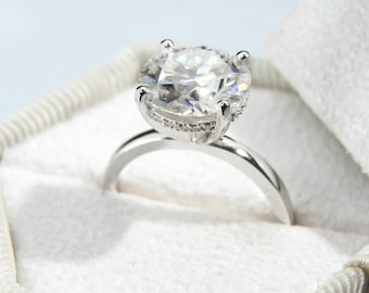 Round Hidden Halo Engagement Ring, 3 CT, Lab Grown Diamond Engagement Ring, 14K Solid Gold Ring, Dainty Engagement Ring