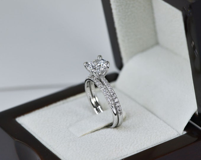 1 1/2 CT H/SI2 Real Diamond Engagement Ring Set Round Cut 14K White Gold