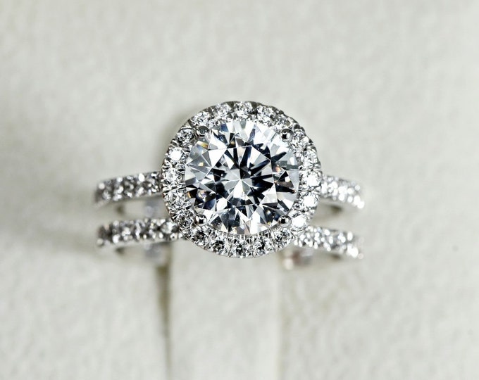 Halo Engagement Ring Set, Unique Bridal Ring Set, Wedding Ring Set, 3 ct Lab Grown Diamond Engagement Ring, 14k Solid Gold Ring