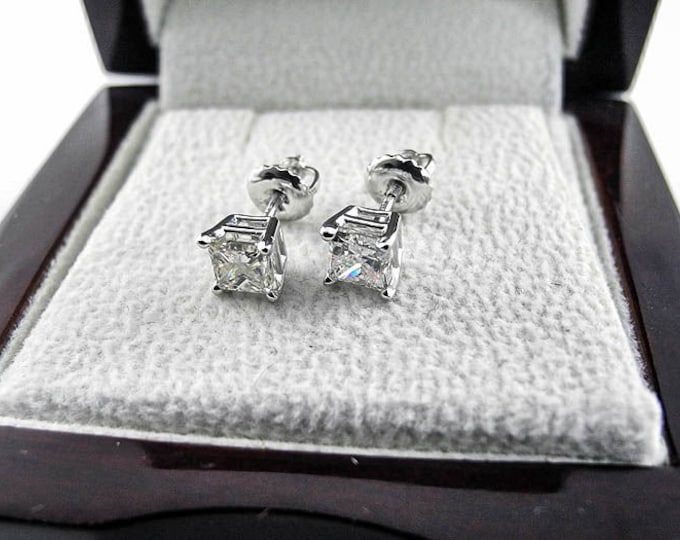 3/4 Carat Solitaire Diamond Stud Earrings Princess Cut H/VS2 14K White Gold