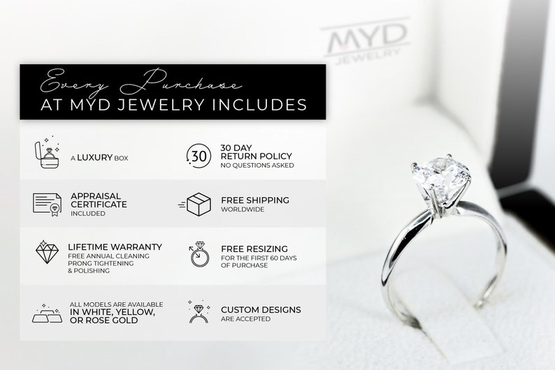 May include: A white gold engagement ring with a large, clear diamond. The ring is in a white box with the text "MYD JEWELRY" on the top. The image also includes a list of benefits that come with purchasing jewelry from MYD JEWELRY, including a luxury box, appraisal certificate, free shipping, lifetime warranty, free resizing, and custom designs.