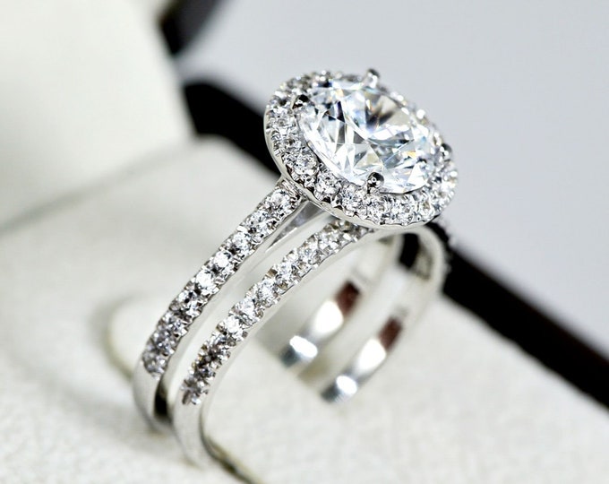 Halo Engagement Ring Set, Unique Bridal Ring Set, Wedding Ring Set, 2.50 ct Lab Grown Diamond Engagement Ring, 14k Solid Gold Ring