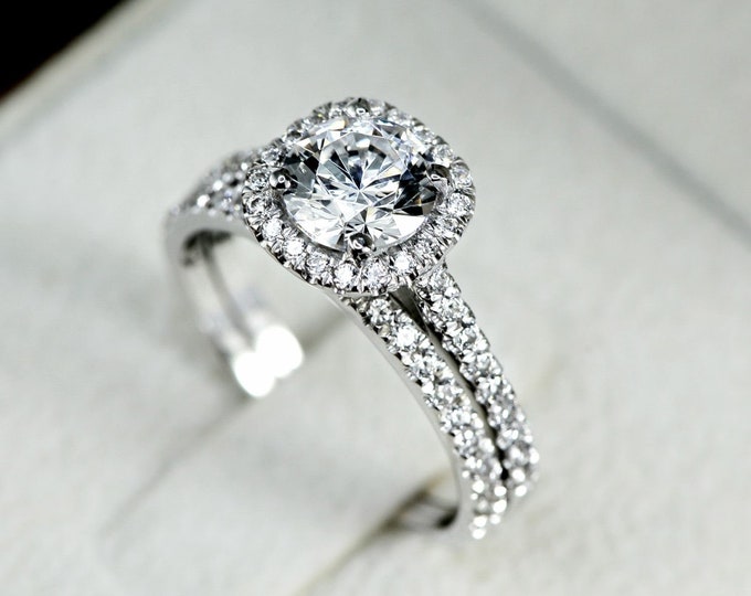 Halo Engagement Ring Set, Unique Bridal Ring Set, Wedding Ring Set, 3 ct Lab Grown Diamond Engagement Ring