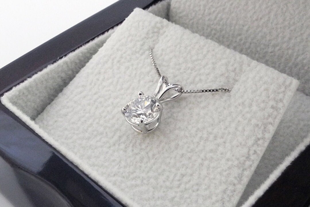 thumbnail image 2 of 3 Ct Round Cut Lab-Created Zircon Solitaire Pendant – 14k White Gold, 16" Box Chain 2 of 5