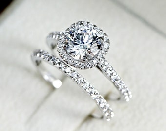 Halo Engagement Ring Set, Unique Bridal Ring Set, Wedding Ring Set, 2.50 ct Lab Grown Diamond Engagement Ring