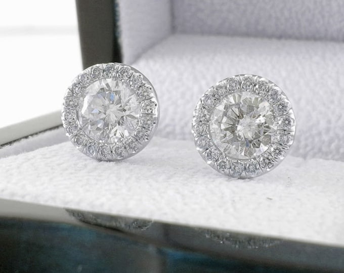 1 3/4 CT H/SI1 Halo Diamond Stud Earrings Round Cut 18K White Gold, Women's Earrings