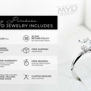 May include: A white gold engagement ring featuring a large, clear diamond. The ring is presented in a white box with the inscription "MYD JEWELRY" on the lid. The image also showcases a list of benefits included with purchasing jewellery from MYD JEWELRY, such as a luxury box, appraisal certificate, free shipping, lifetime warranty, free resizing, and custom design options.