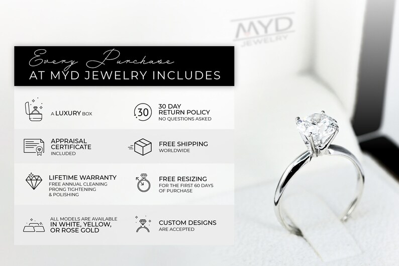 May include: A white gold engagement ring featuring a large, clear diamond. The ring is presented in a white box with the inscription "MYD JEWELRY" on the lid. The image also showcases a list of benefits included with purchasing jewellery from MYD JEWELRY, such as a luxury box, appraisal certificate, free shipping, lifetime warranty, free resizing, and custom design options.