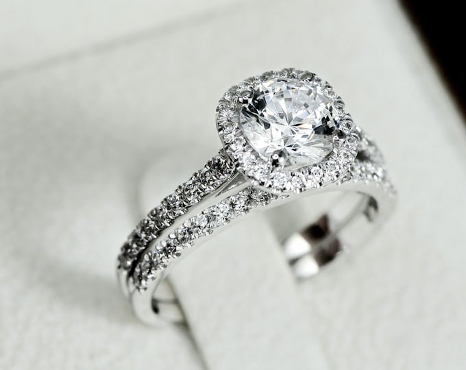 Halo Engagement Ring Set, Unique Bridal Ring Set, Wedding Ring Set, 2 ct Lab Grown Diamond Engagement Ring