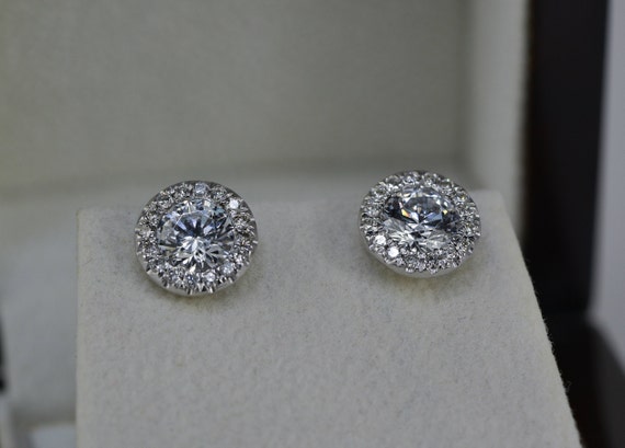 1.50ct Round Cut Solitaire Halo Pave Earring Studs Solid 14K WhiteGold Screwback