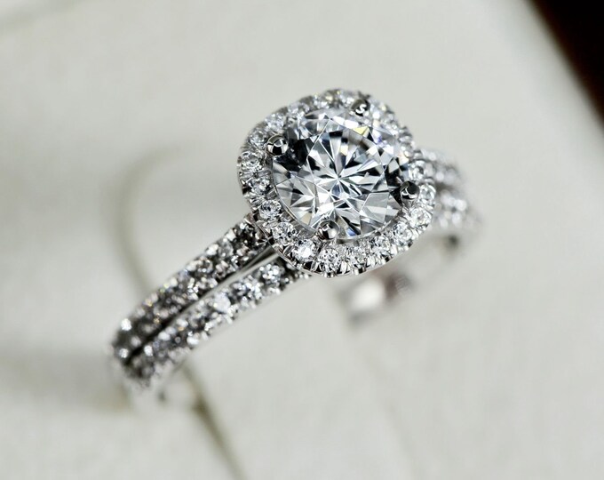 Halo Engagement Ring Set, Unique Bridal Ring Set, Wedding Ring Set, 1 ct Lab Grown Diamond Engagement Ring