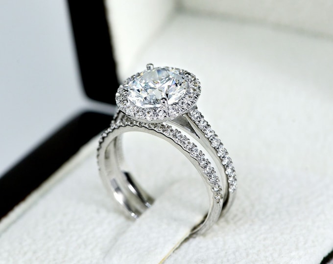 Halo Engagement Ring Set, Unique Bridal Ring Set, Wedding Ring Set, 0,50 ct Lab Grown Diamond Engagement Ring, 14k Solid Gold Ring