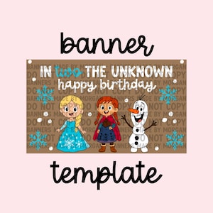 May include: A banner template with the words "banner" and "template" in black script. The banner features cartoon characters and the text "In the Unknown" and "happy birthday". The background is brown.
