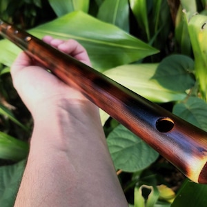 Pode incluir: Uma flauta de madeira com uma mancha marrom escura e uma banda marrom clara na ponta. A flauta tem um único furo perto da ponta.