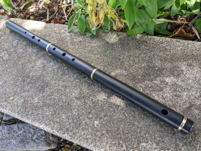 May include: A black wooden Irish flute with gold accents. The flute has a series of holes along the top and a mouthpiece at one end.