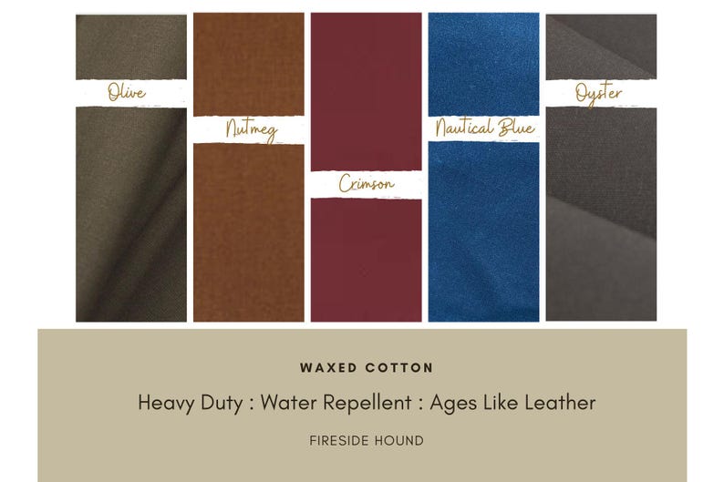 Op de afbeelding: Een kleurenpalet van vijf gewaxte katoenen stofstalen met de labels Olive, Nutmeg, Crimson, Nautical Blue en Oyster. Onder de stalen staat de tekst: WAXED COTTON, Heavy Duty : Water Repellent : Ages Like Leather, FIRESIDE HOUND.