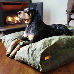 LARGE DOG BED 50"x38" | Unique Pet Bed With Waxed Canvas Cover | Wool Filled | Small Dog Bed Sizes Available Too!