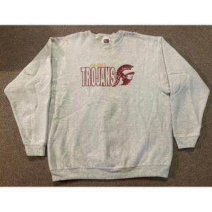 Vintage 90s Large USC Trojans NCAA Embroidered Fringe CrewNeck Sweatshirt Gray.
