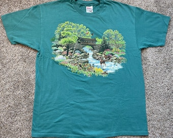 Vintage 90s Men's XL Bird Deer Creek Stream Nature Habitat Single Stitch T-Shirt